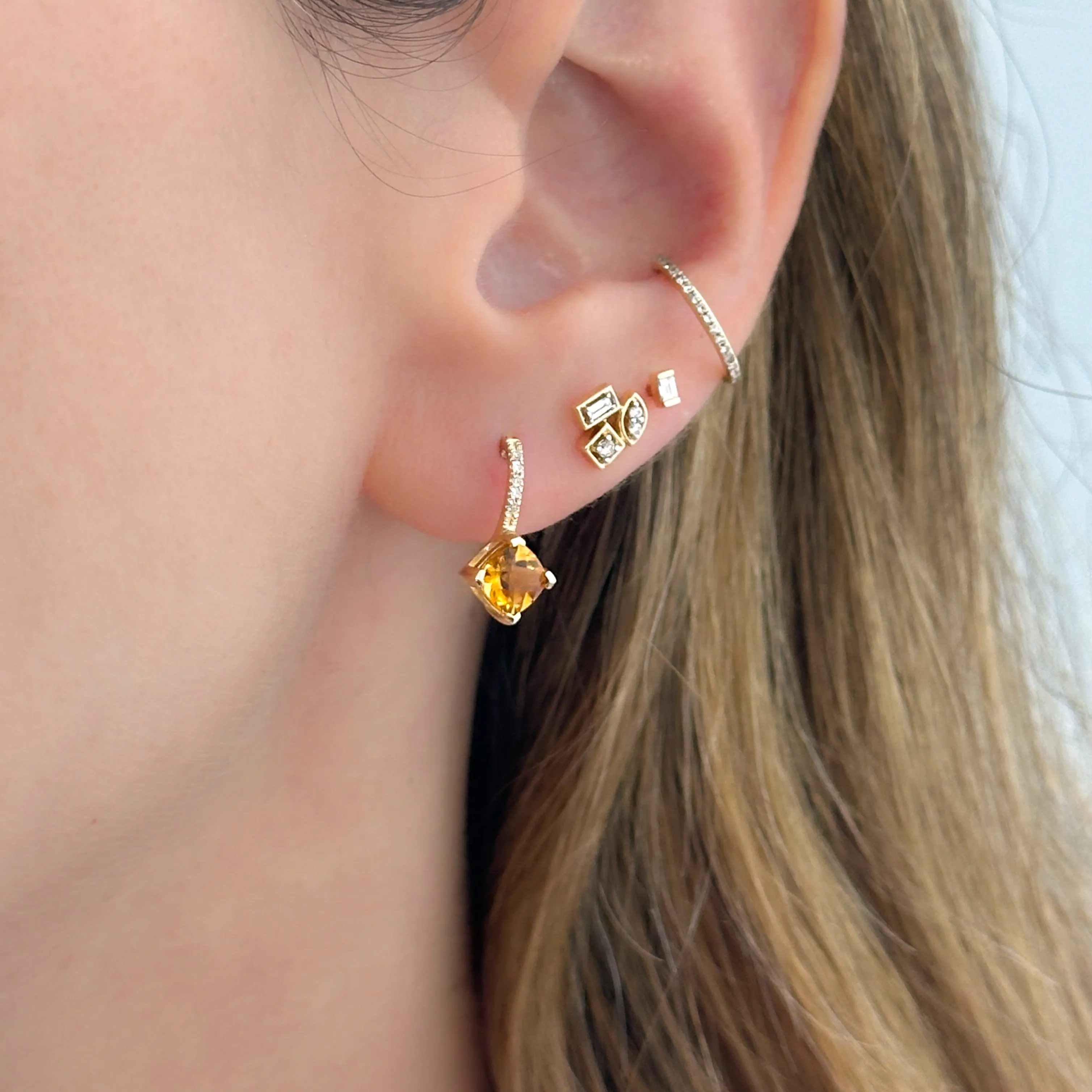 14K Gold Princess Cut Citrine and Diamonds Earrings
