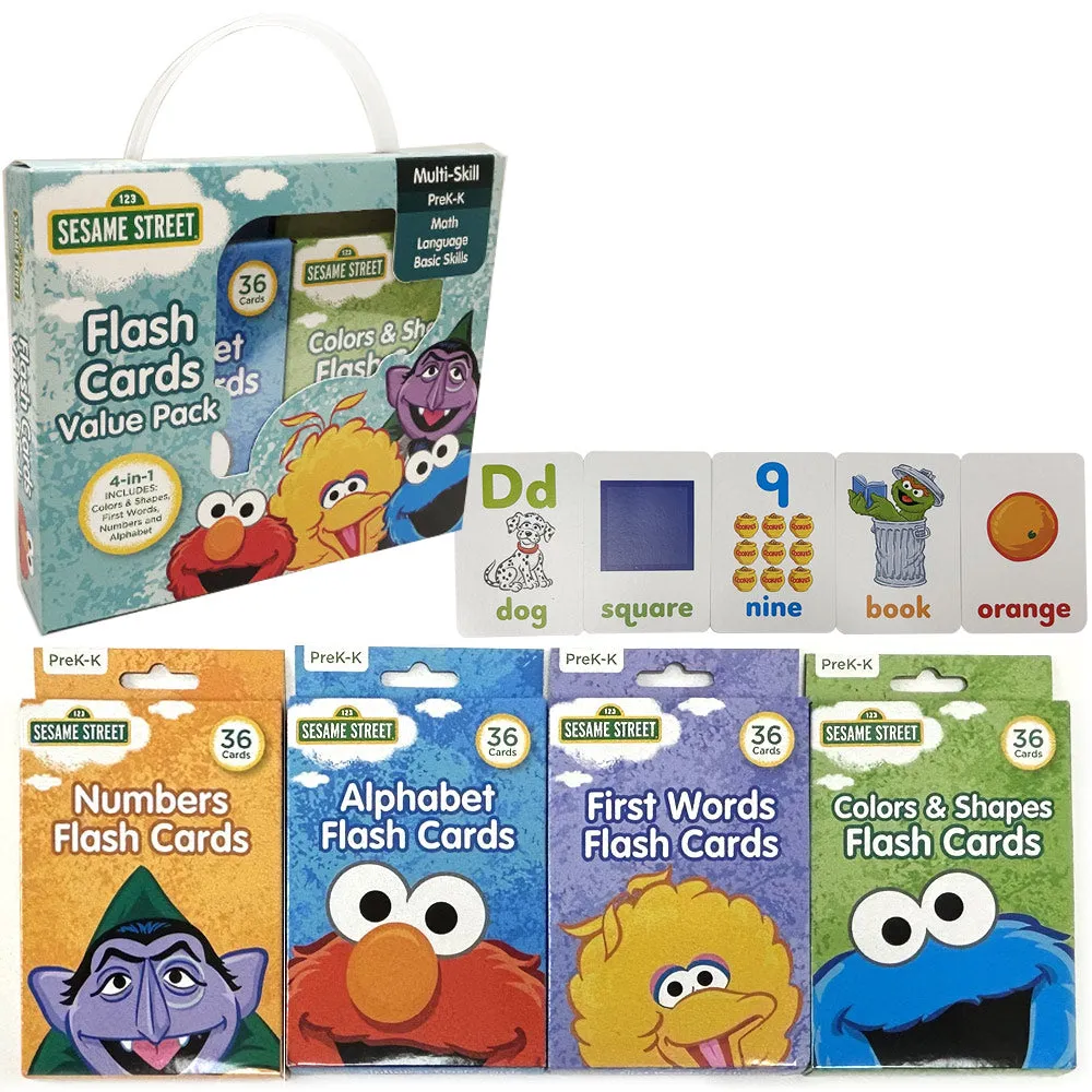 4 Sesame Street Flash Cards Beginning Words Numbers Colors Shapes Alphabet ABC !