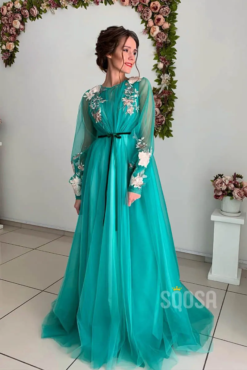 A-Line Illusion Long Sleeves Tulle Appliques Elegant Long Formal Evening Gowns QP1287