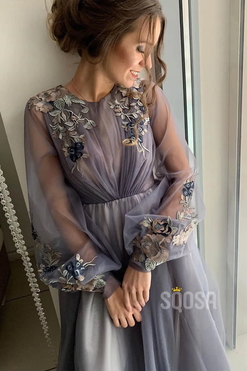 A-Line Illusion Long Sleeves Tulle Appliques Elegant Long Formal Evening Gowns QP1287