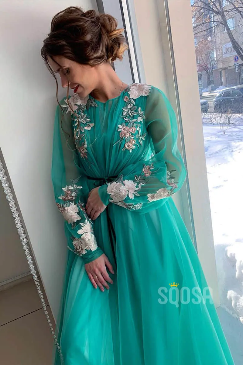 A-Line Illusion Long Sleeves Tulle Appliques Elegant Long Formal Evening Gowns QP1287