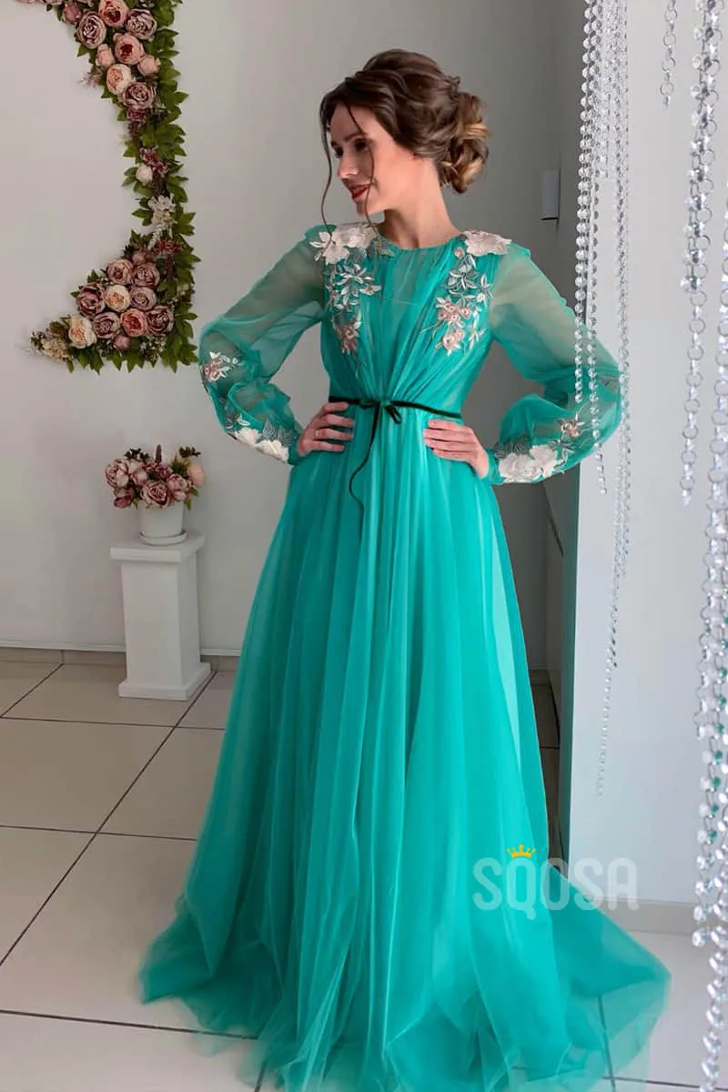 A-Line Illusion Long Sleeves Tulle Appliques Elegant Long Formal Evening Gowns QP1287