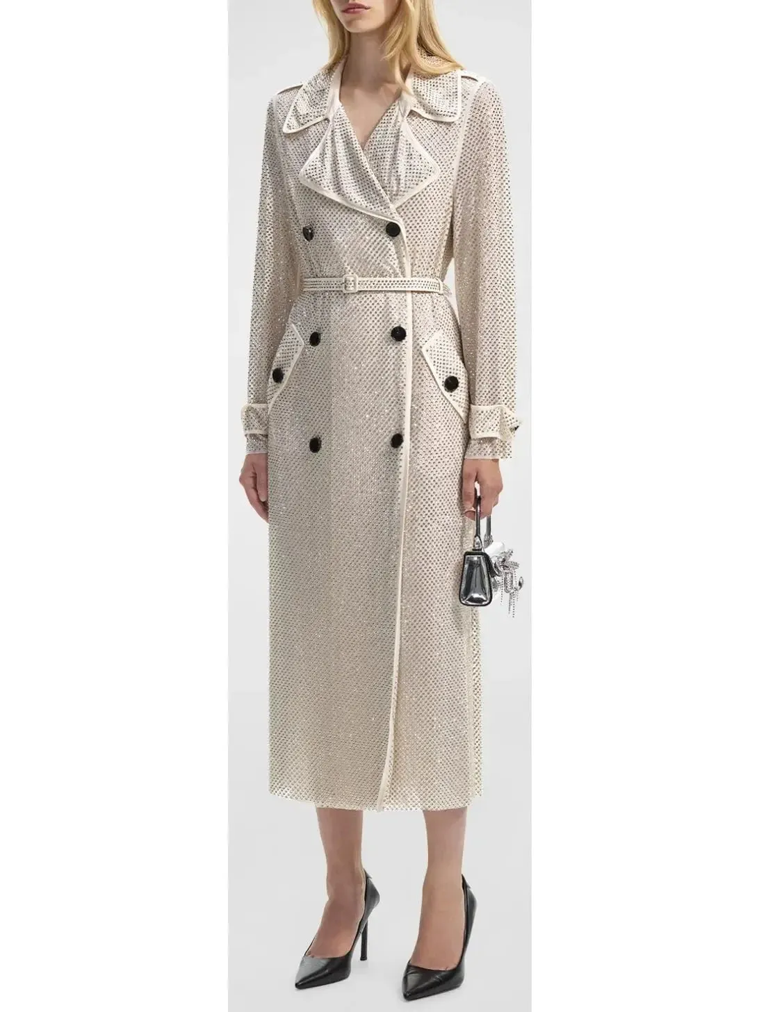 Belted Crystal Embellished Trench Coat