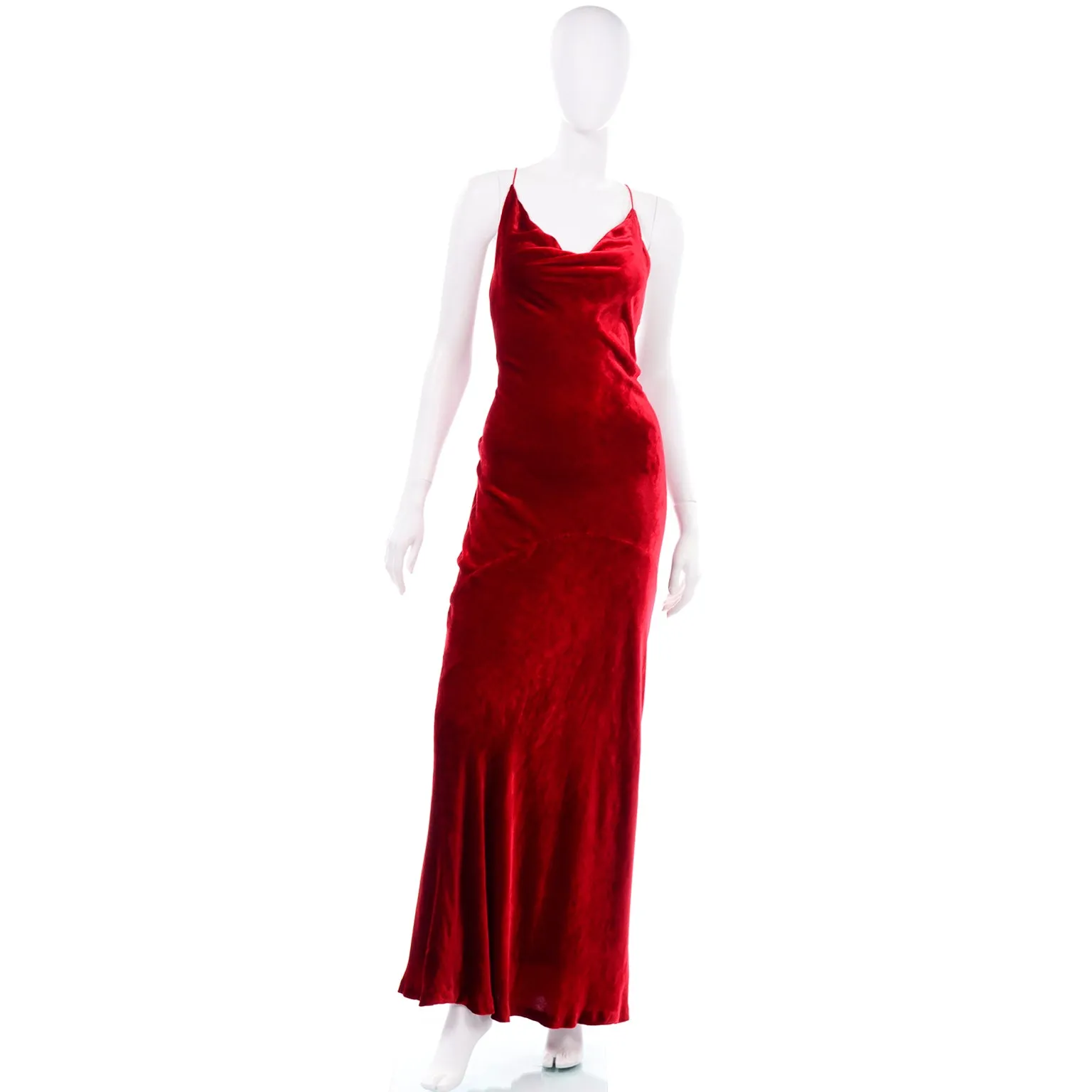 F/W 1985 Bill Blass Vintage Red Dress in Bias Cut Velvet Evening Gown