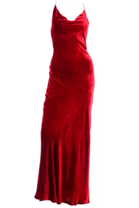 F/W 1985 Bill Blass Vintage Red Dress in Bias Cut Velvet Evening Gown