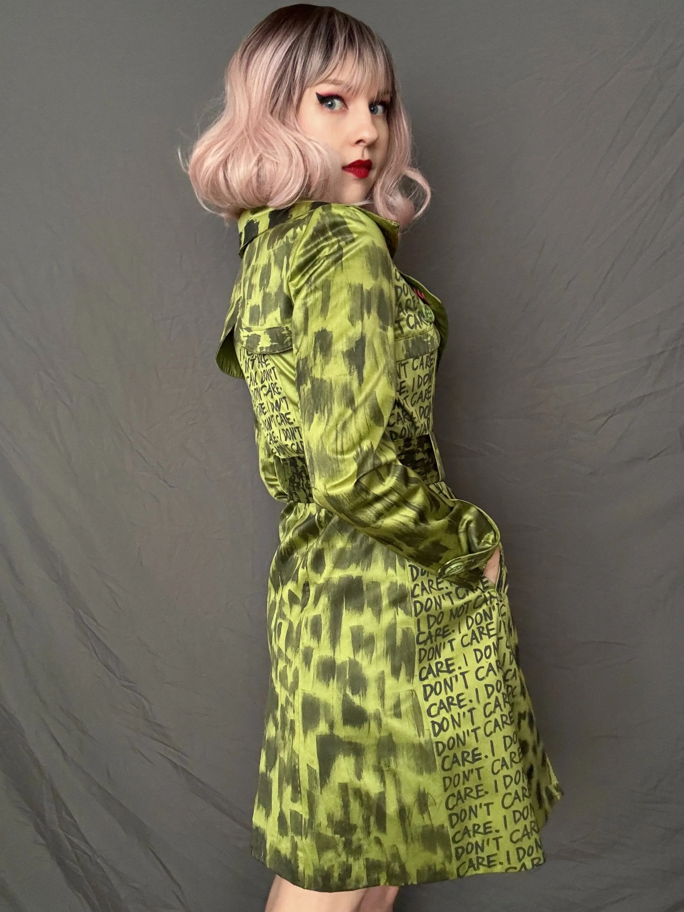 I DON'T CARE Womens Chartreuse Trench Coat, X-Small