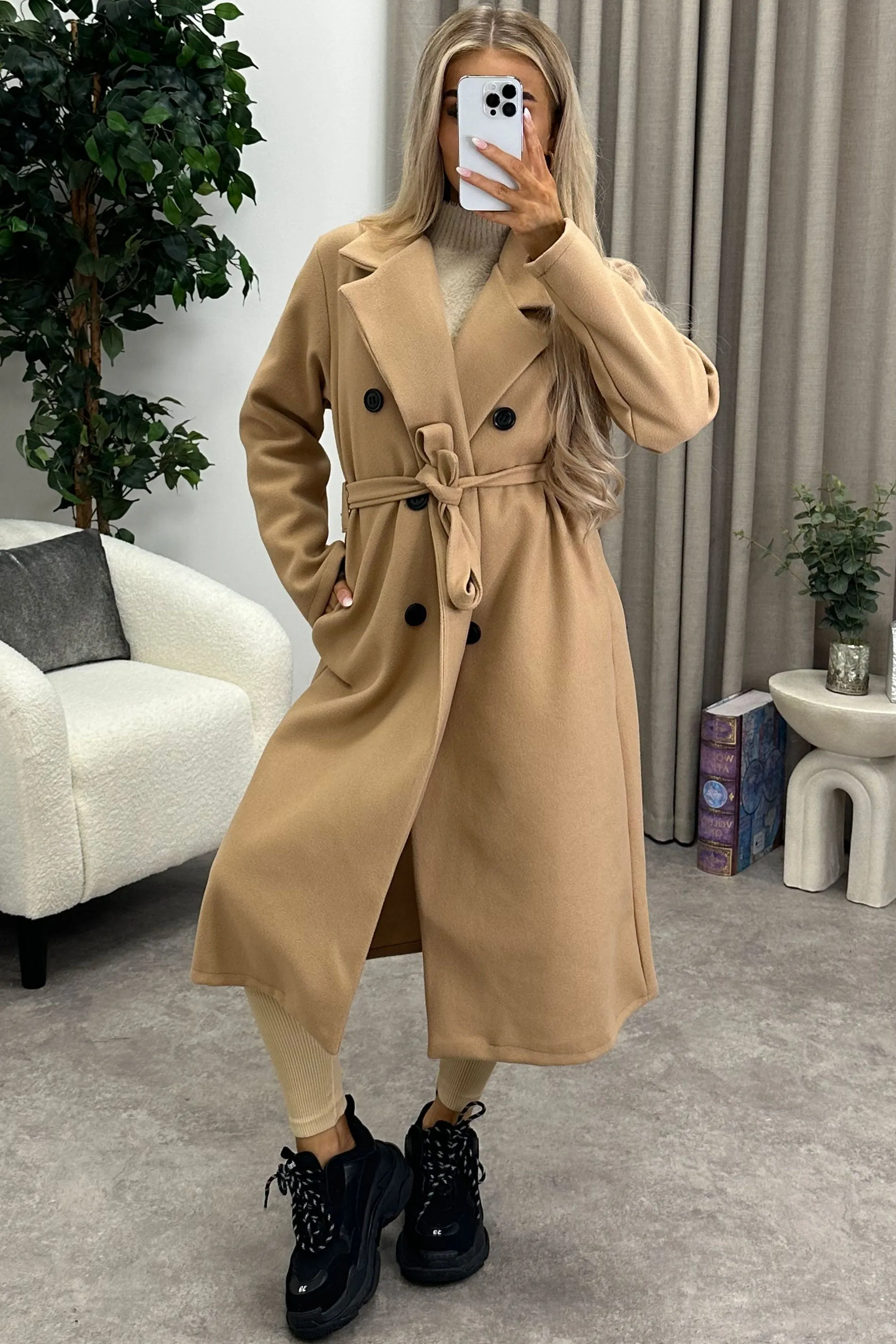 Kennie Dark Beige Wool Button Up Belted Trench Longline Coat