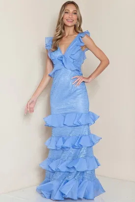 Light Blue Ruffle Layered Maxi Dress
