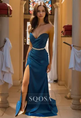 Off-Shoulder Sweetheart Pleated Formal Gowns Sleeveless Slit Sweep Train Mermaid Prom Dress with Beaded Belt