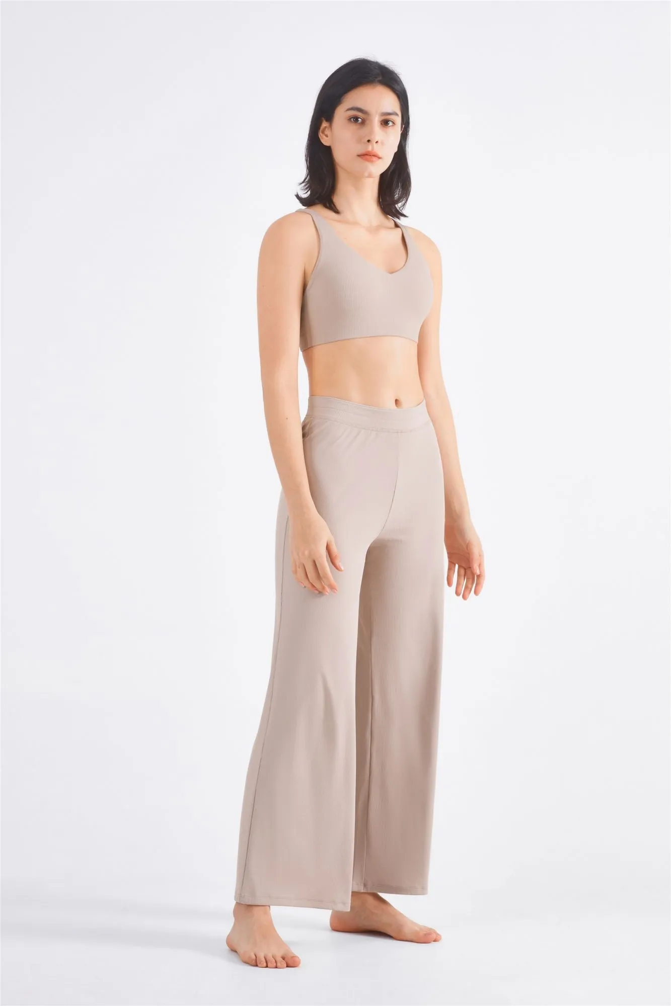 Ribbed Y-Back Sports Bra & Wide-Leg Yoga Pants Set