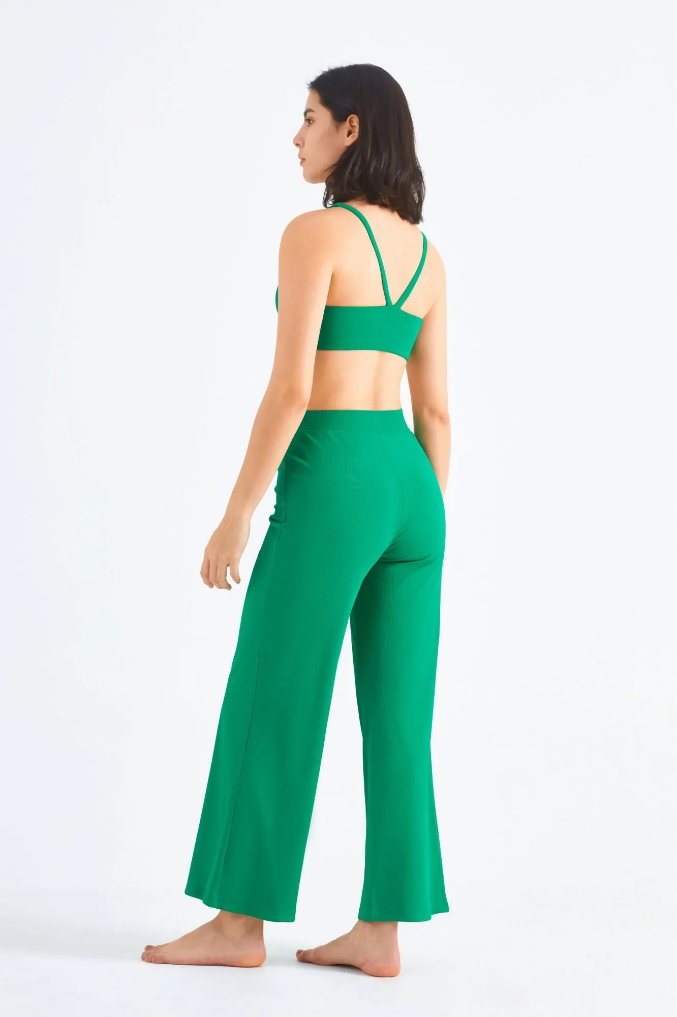 Ribbed Y-Back Sports Bra & Wide-Leg Yoga Pants Set
