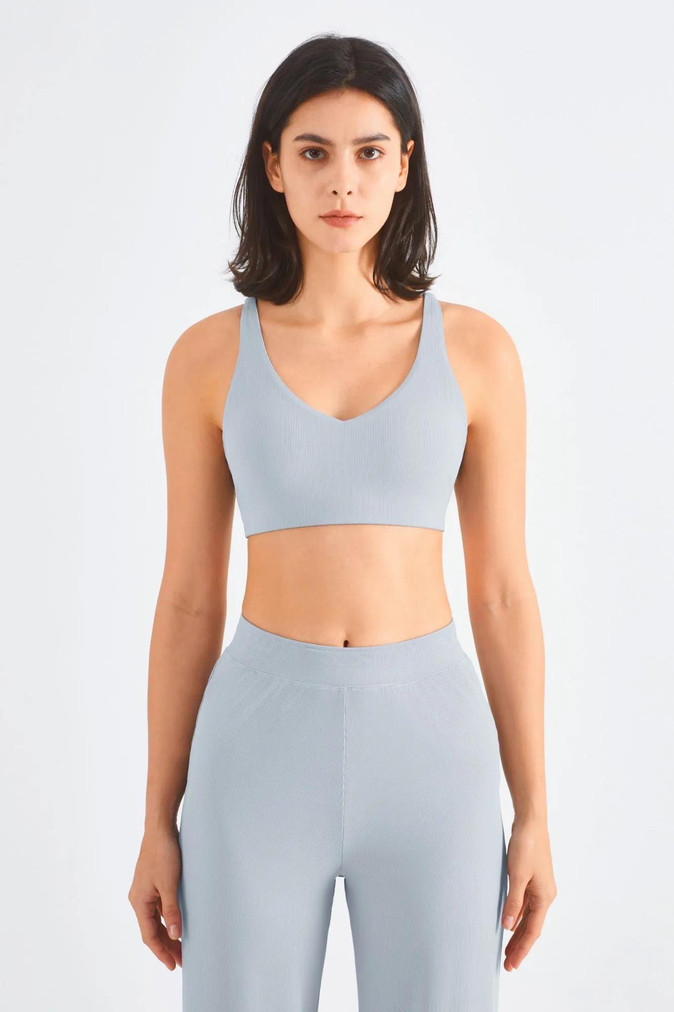 Ribbed Y-Back Sports Bra & Wide-Leg Yoga Pants Set