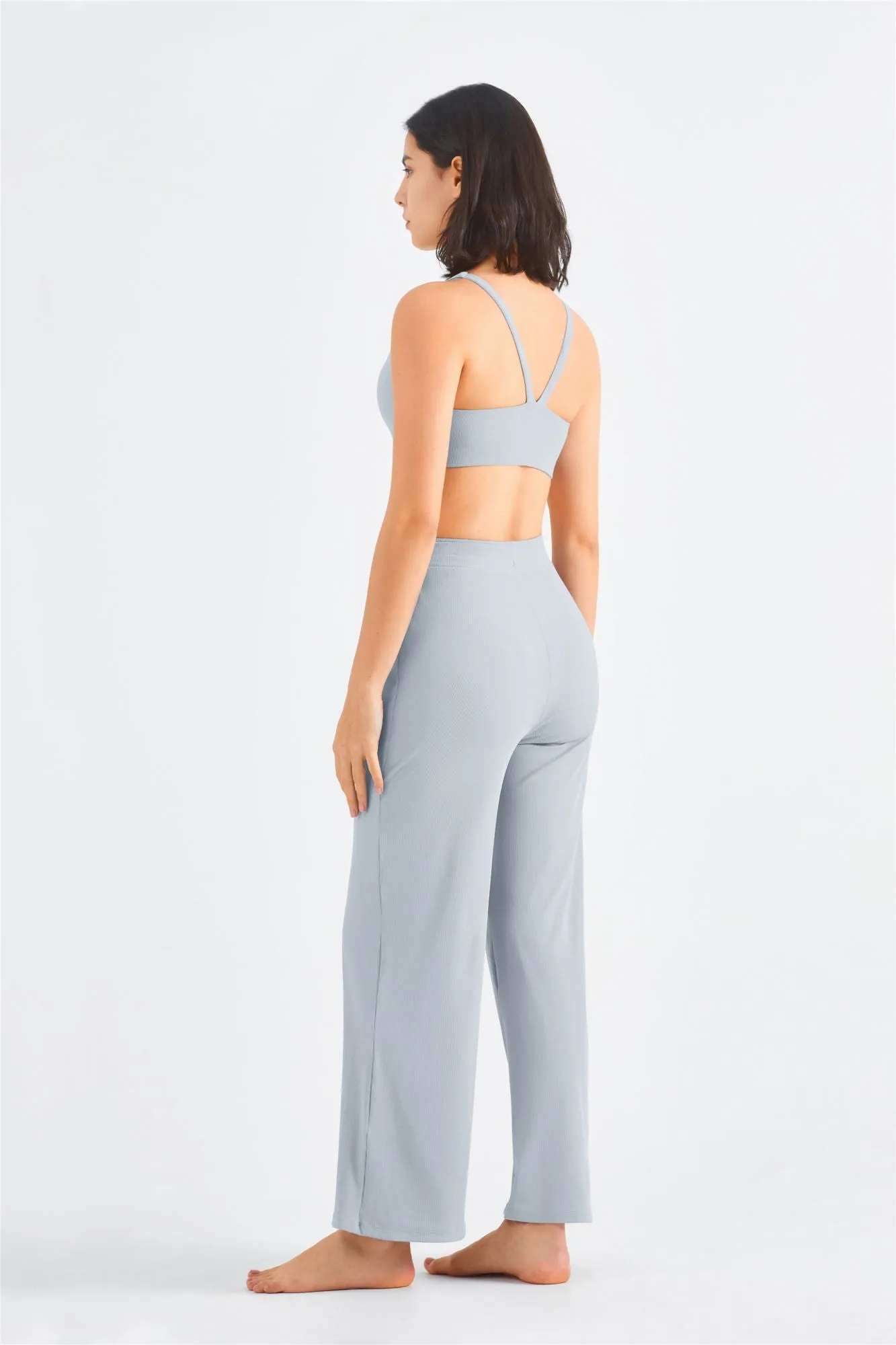 Ribbed Y-Back Sports Bra & Wide-Leg Yoga Pants Set