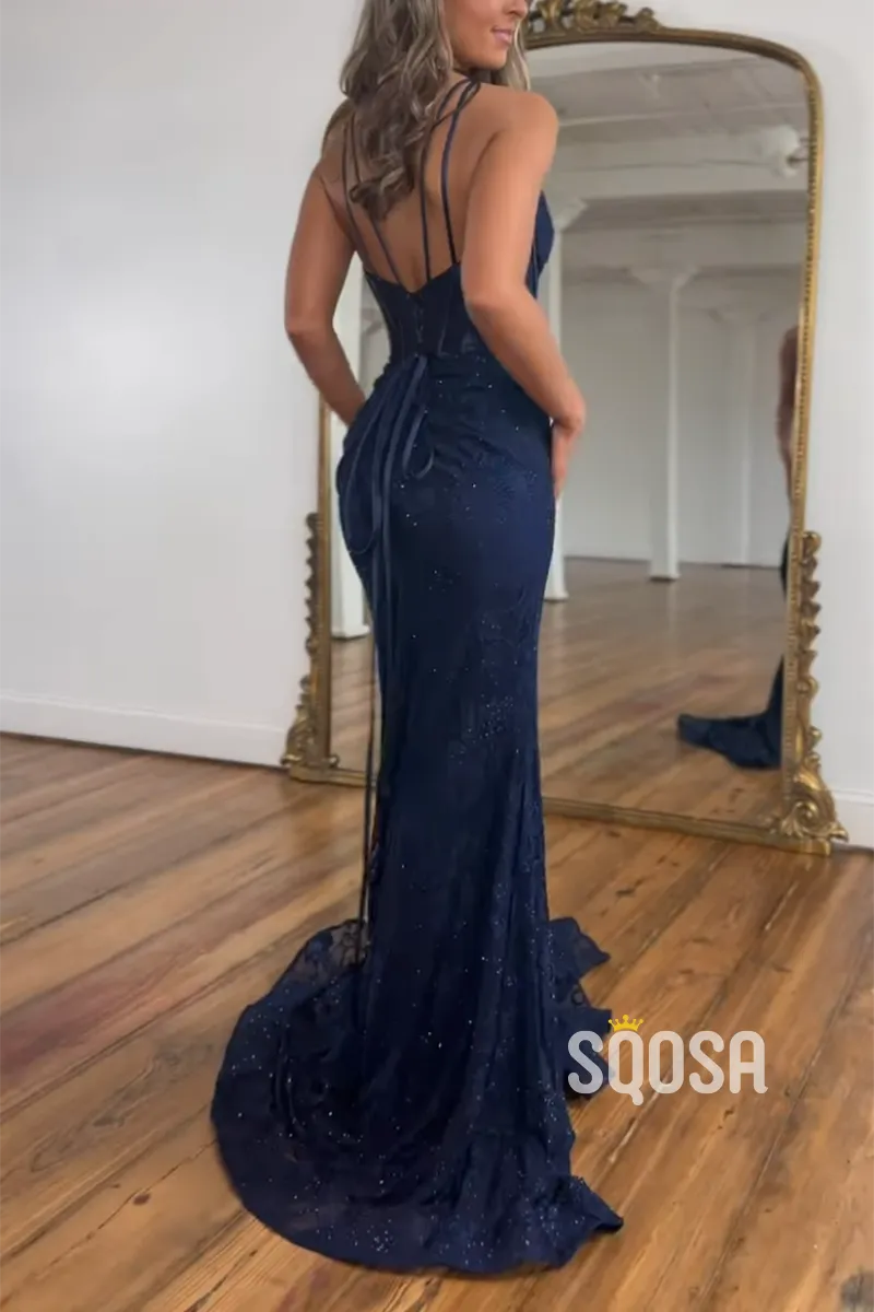 Sheath V-Neck Spaghetti Straps Lace Appliques With Side Slit Train Long Formal Evening Dress QP2157