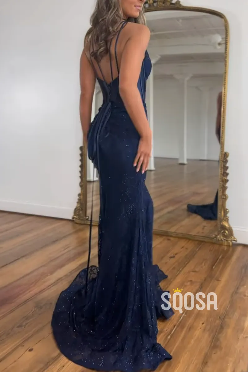 Sheath V-Neck Spaghetti Straps Lace Appliques With Side Slit Train Long Formal Evening Dress QP2157