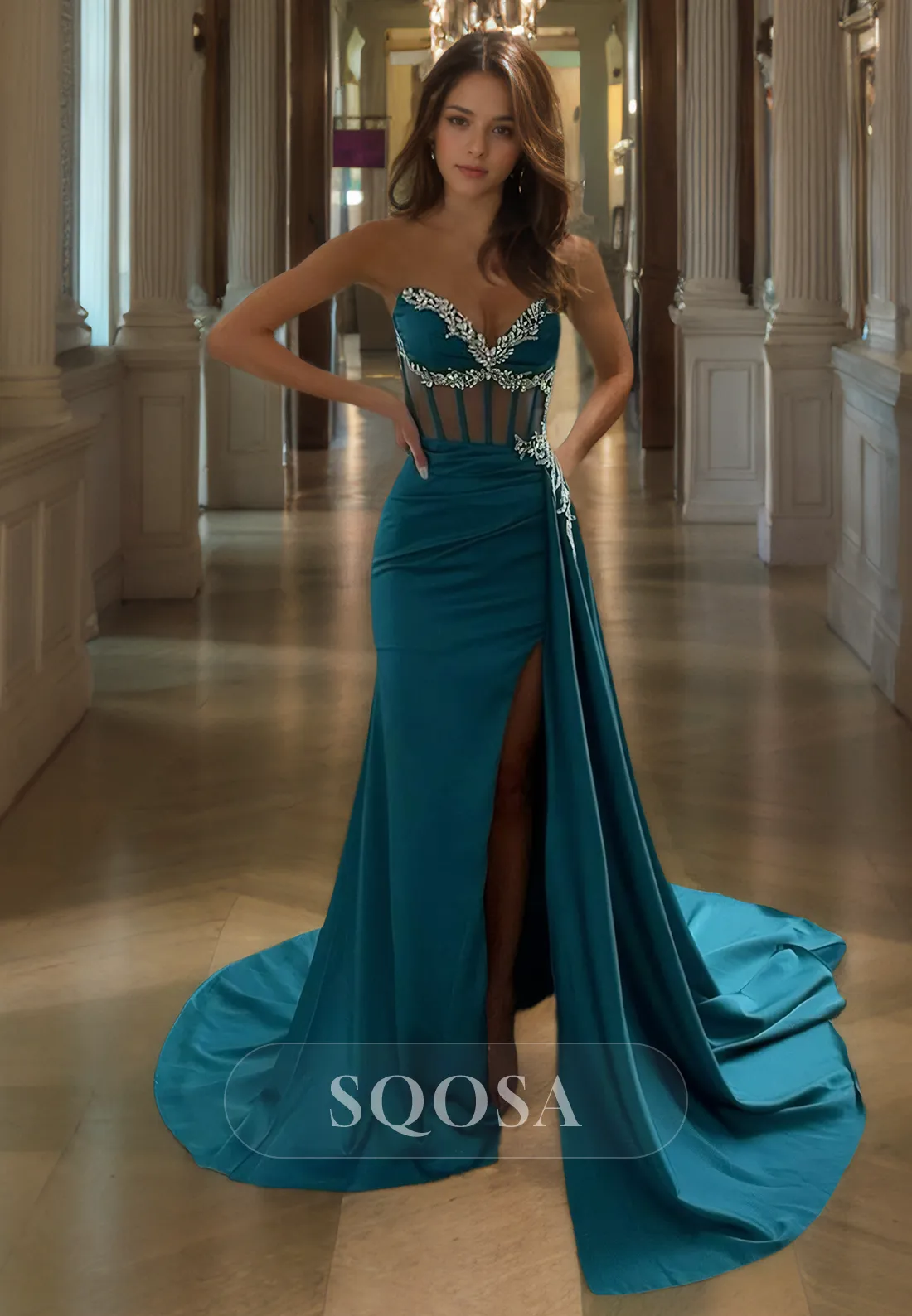 Sweetheart Sleeveless Formal Gowns Beaded Cutout Slit with Sweep Train Fitted Prom Dress