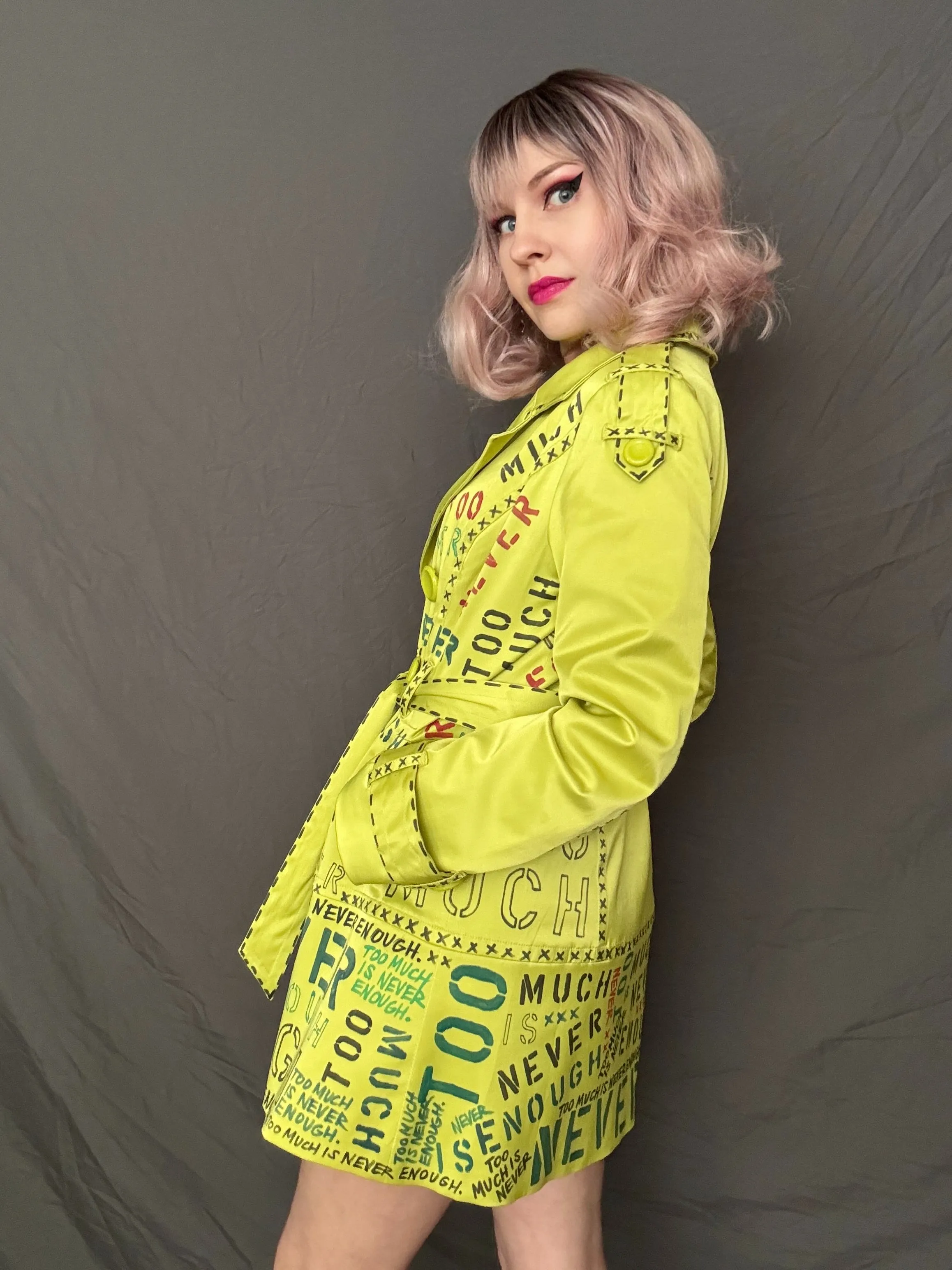TOO MUCH IS NEVER ENOUGH Womens Chartreuse Trench Coat, Small