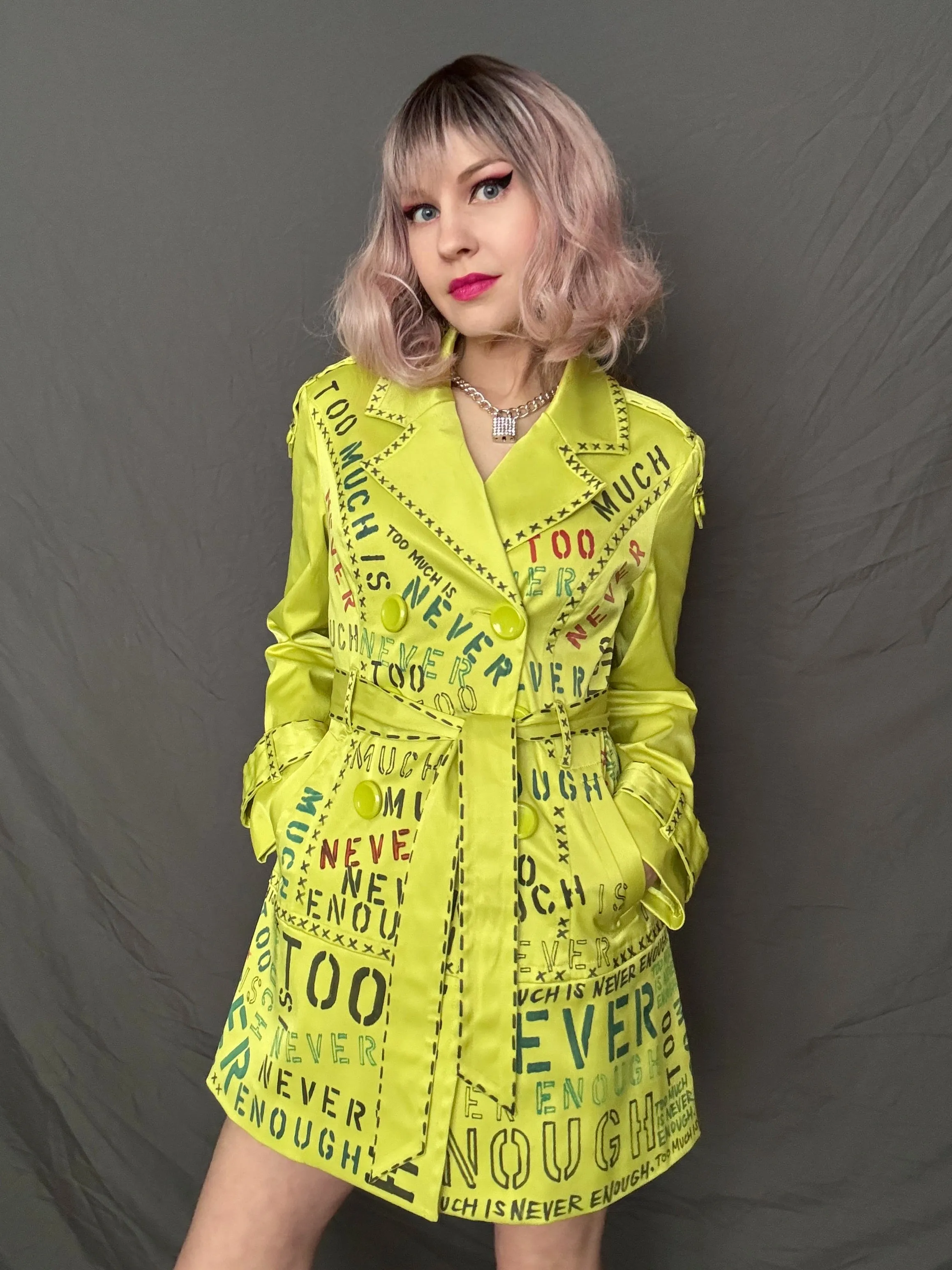 TOO MUCH IS NEVER ENOUGH Womens Chartreuse Trench Coat, Small