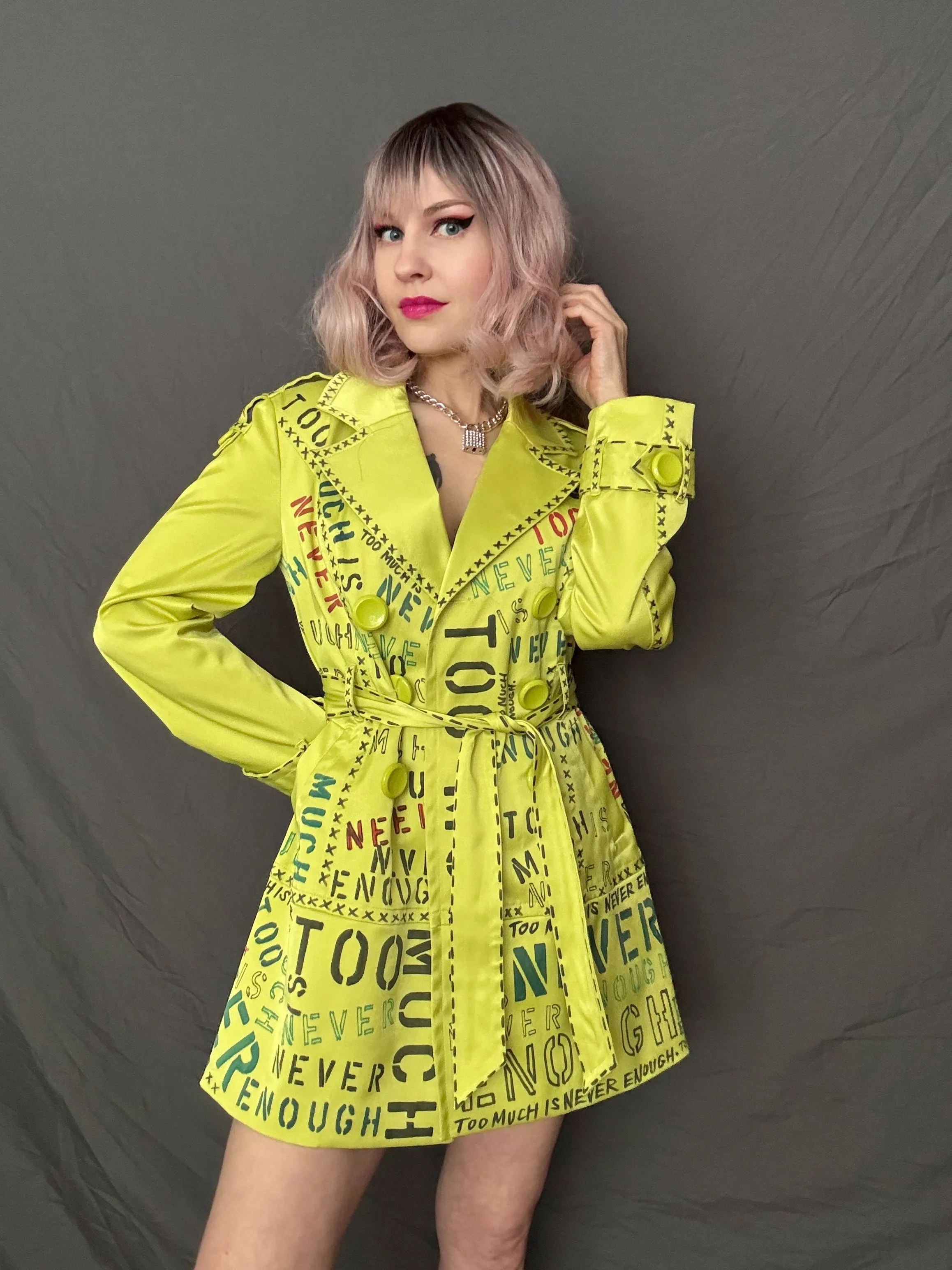 TOO MUCH IS NEVER ENOUGH Womens Chartreuse Trench Coat, Small