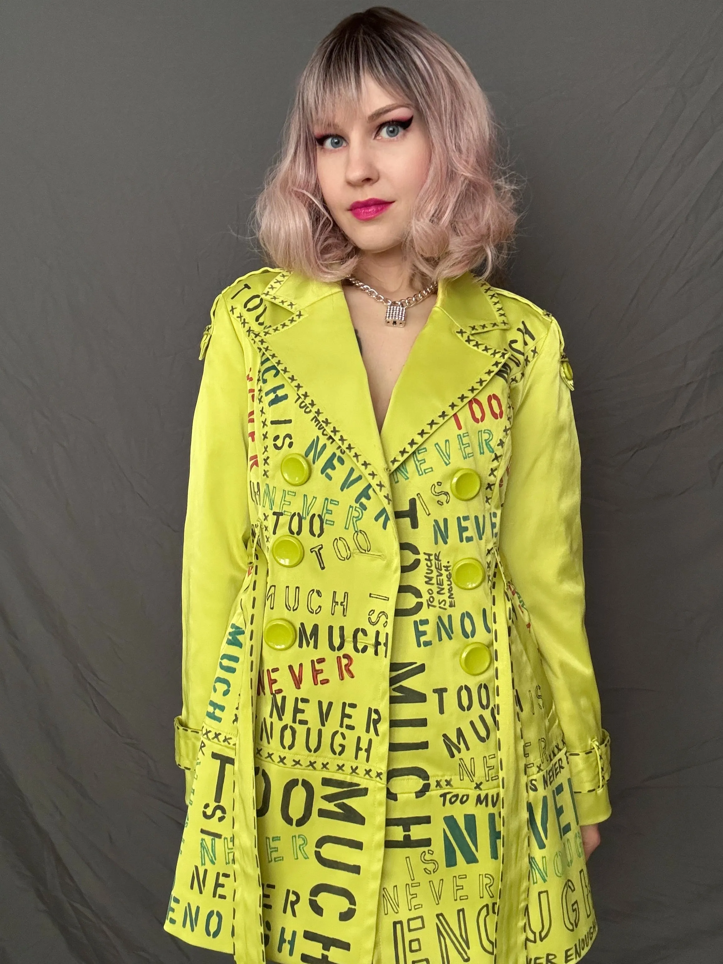 TOO MUCH IS NEVER ENOUGH Womens Chartreuse Trench Coat, Small